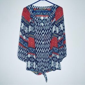 Anthropologie Fig & Flower Bohemian Blouse tie waist Shirt Top Size 2X Red/Blue